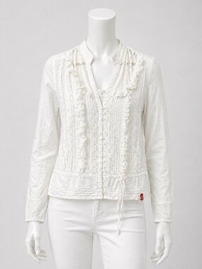 Women's White Ruffle-Trim Button Front Blouse